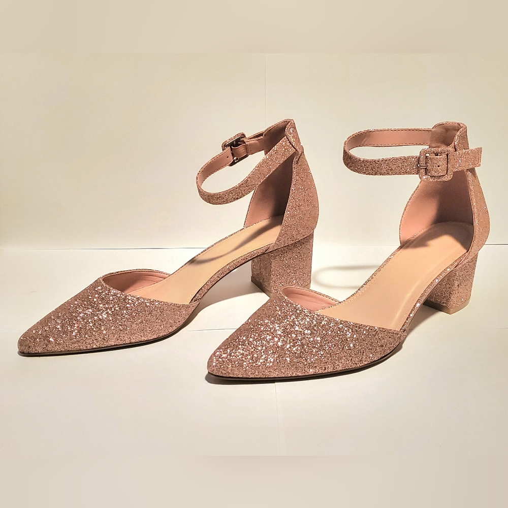 Pointed Toe Pumps Ankle Strap Buckle Chunky Block Heel size US 9.5